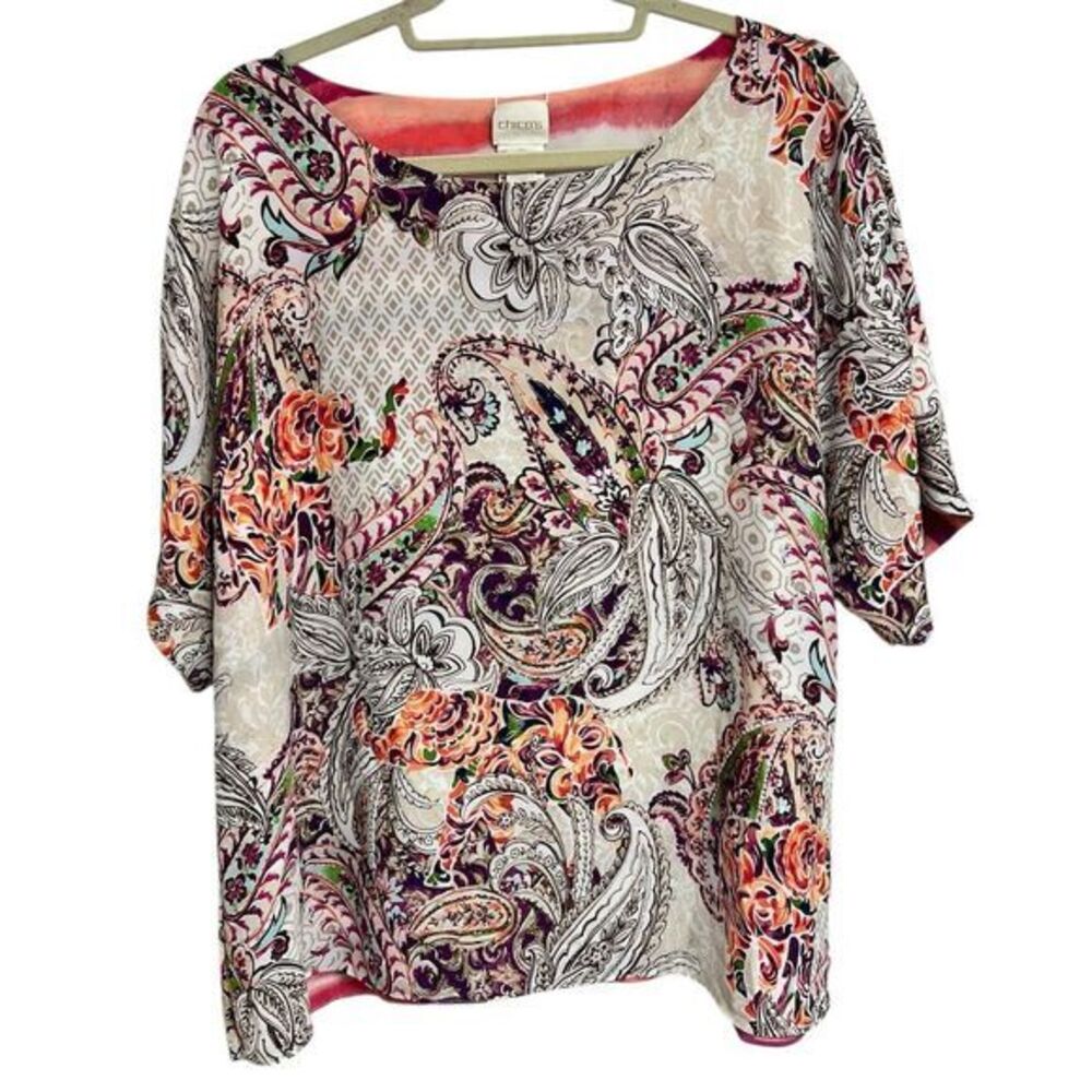 Chico's Women's Reversible Paisley Blouse Multicolor Size 2 Travel Top
